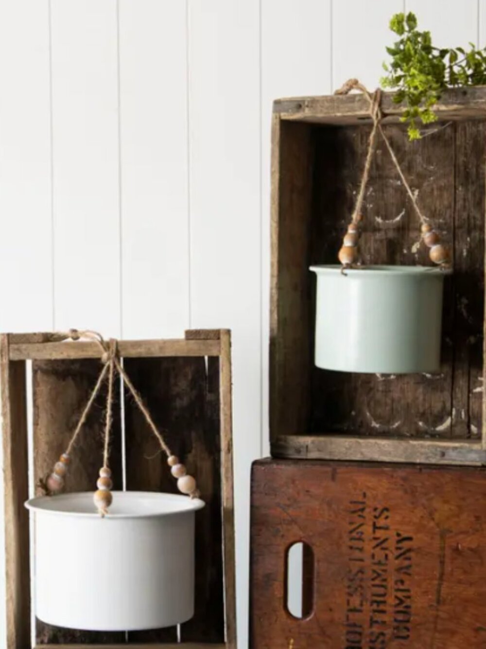 Wood bead hanging planters- Set of 2